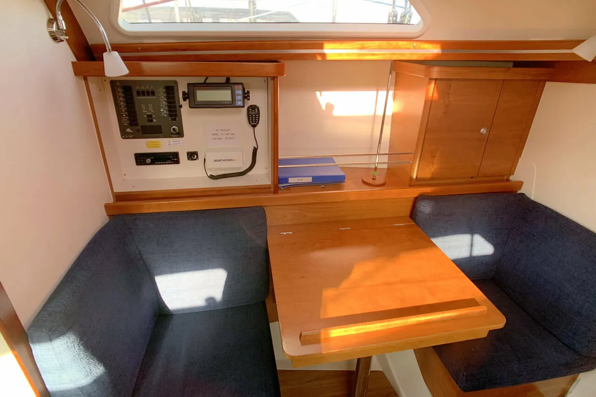 Salon of Ronja, a Hanse 370 sailboat at Barth, Germany