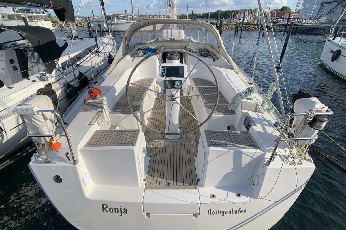 Cockpit of Ronja, a Hanse 370 sailboat at Barth, Germany