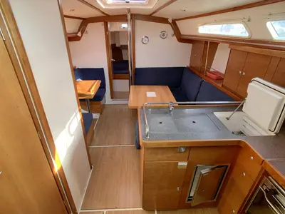 Salon of Ronja, a Hanse 370 sailboat at Barth, Germany