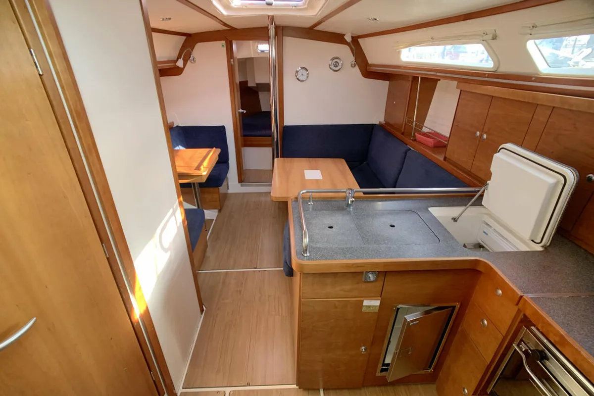 Salon of Ronja, a Hanse 370 sailboat at Barth, Germany