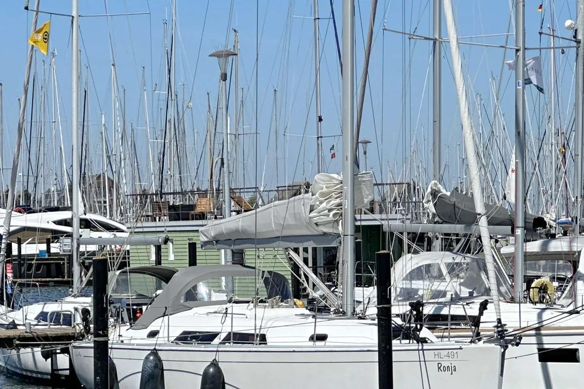 Salon of Ronja, a Hanse 370 sailboat at Barth, Germany