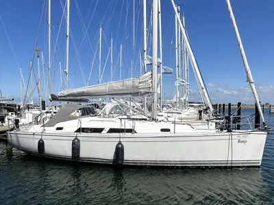 Salon of Ronja, a Hanse 370 sailboat at Barth, Germany
