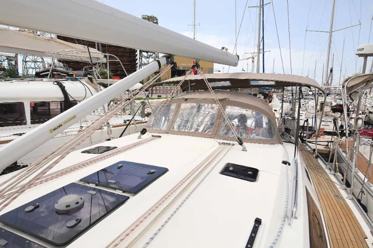 Deck of Attalya 2, a Bavaria Cruiser 46 sailboat at Murter, Croatia