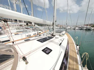 Deck of Attalya 2, a Bavaria Cruiser 46 sailboat at Murter, Croatia