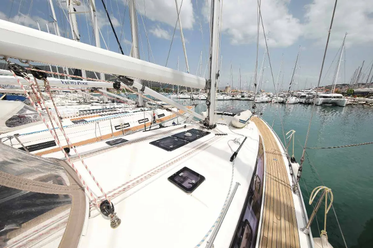 Deck of Attalya 2, a Bavaria Cruiser 46 sailboat at Murter, Croatia