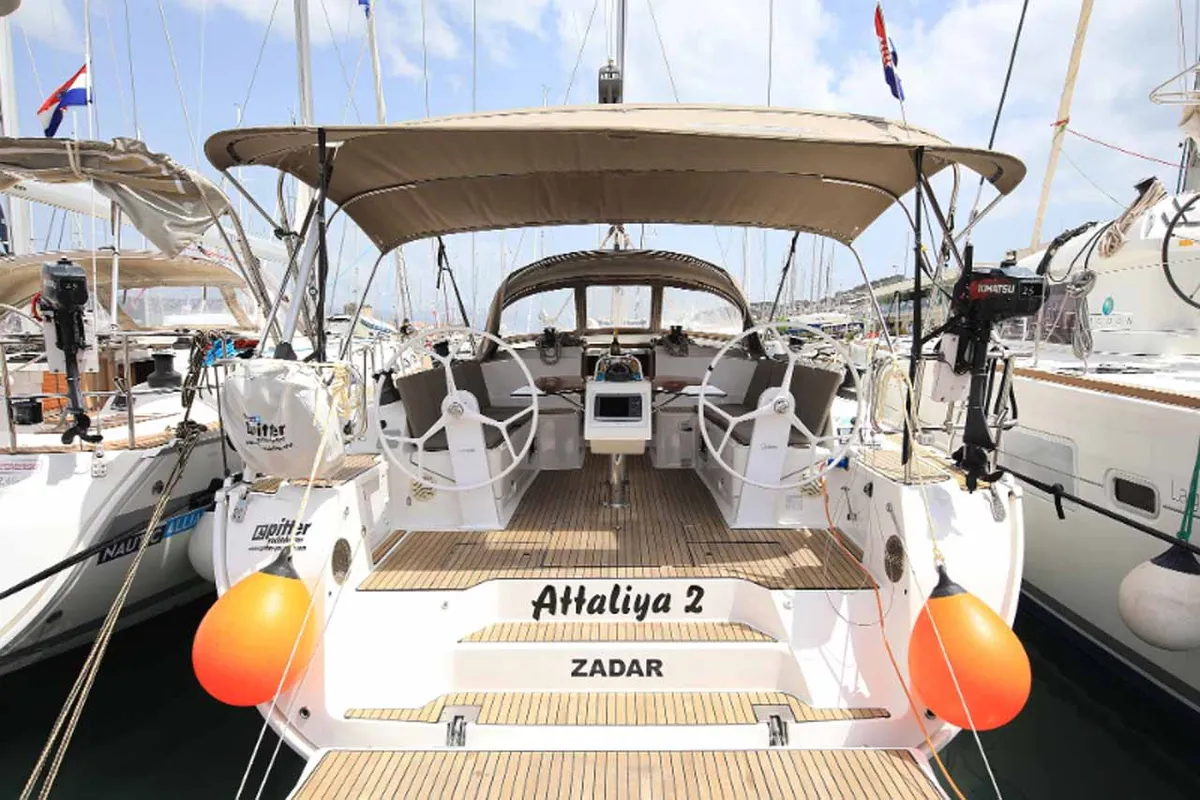 Cockpit of Attalya 2, a Bavaria Cruiser 46 sailboat at Murter, Croatia