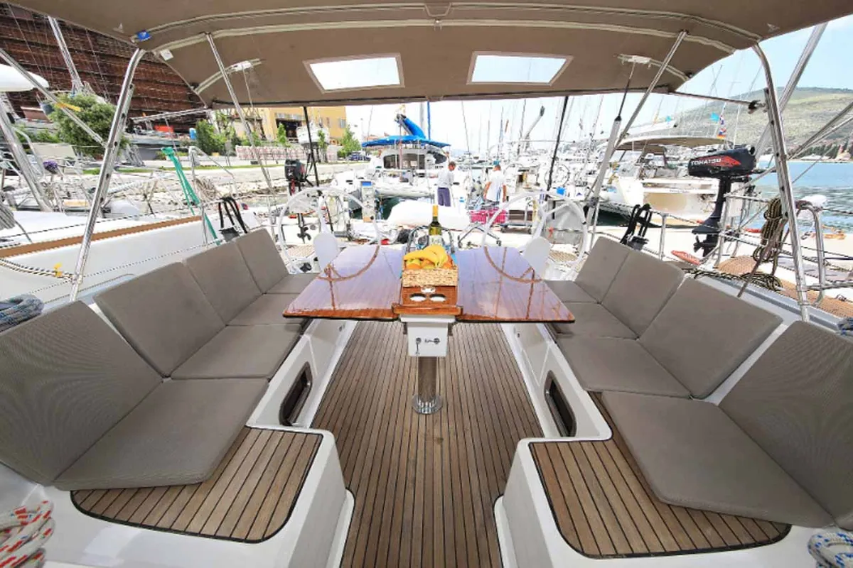 Deck of Attalya 2, a Bavaria Cruiser 46 sailboat at Murter, Croatia