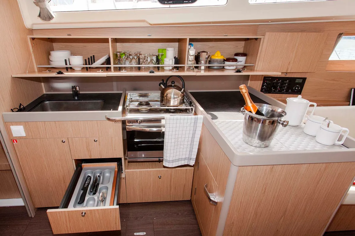 Galley of Rose Royce, a Beneteau Oceanis 41.1 sailboat at Municipal Unit of Lefkada, Greece