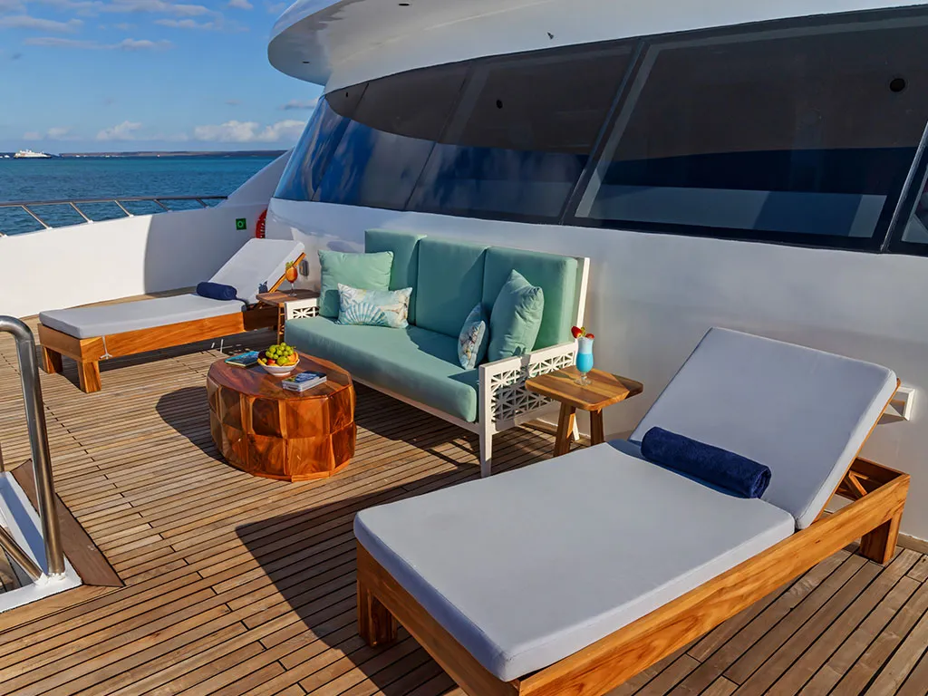 Deck of Endemic, a Gulet Power Catamaran catamaran at Baltra, Ecuador