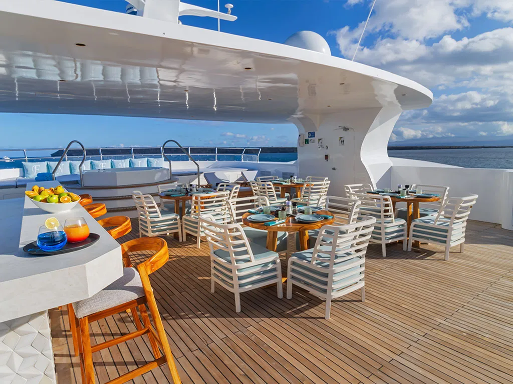 Deck of Endemic, a Gulet Power Catamaran catamaran at Baltra, Ecuador