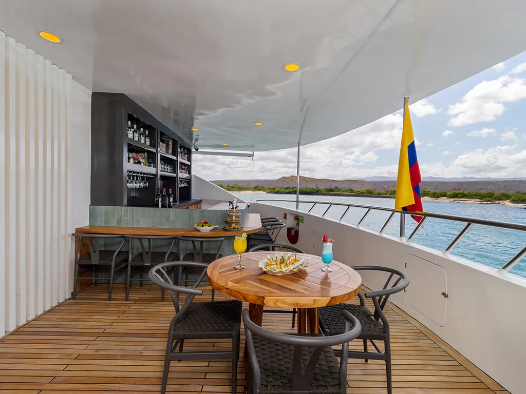 Deck of Endemic, a Gulet Power Catamaran catamaran at Baltra, Ecuador