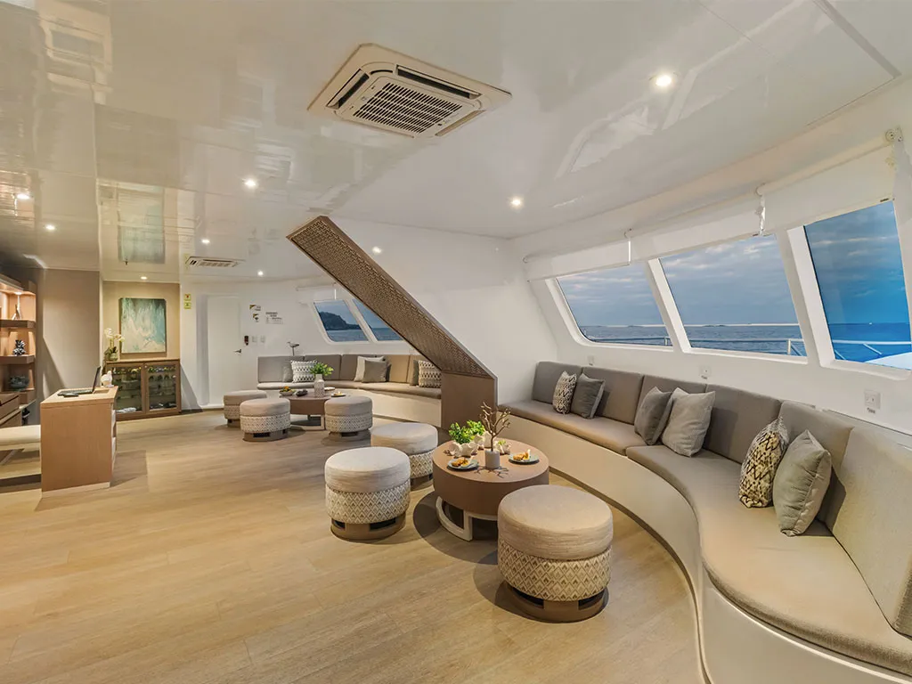 Salon of Endemic, a Gulet Power Catamaran catamaran at Baltra, Ecuador