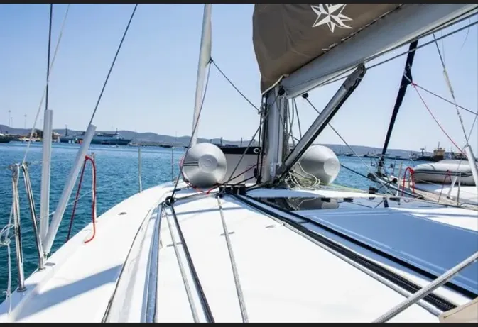 Deck of Evelina, a Jeanneau Sun Odyssey 410 sailboat at Lavrion, Greece