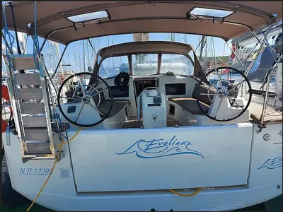 Deck of Evelina, a Jeanneau Sun Odyssey 410 sailboat at Lavrion, Greece