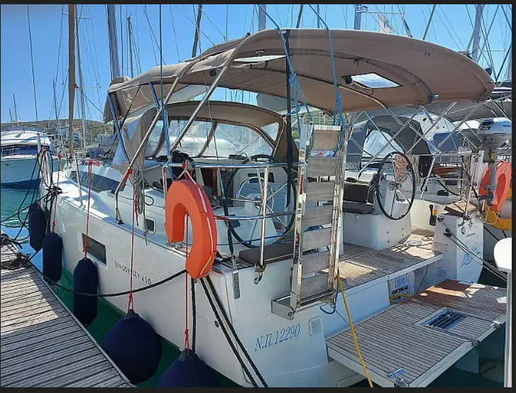 Exterior view of Evelina, a Jeanneau Sun Odyssey 410 sailboat at Lavrion, Greece