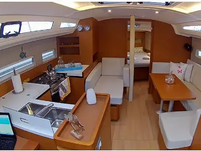 Salon of Evelina, a Jeanneau Sun Odyssey 410 sailboat at Lavrion, Greece