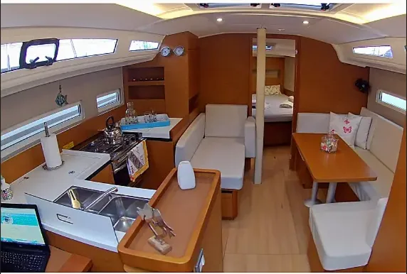 Salon of Evelina, a Jeanneau Sun Odyssey 410 sailboat at Lavrion, Greece