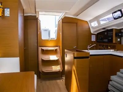 Galley of Evelina, a Jeanneau Sun Odyssey 410 sailboat at Lavrion, Greece