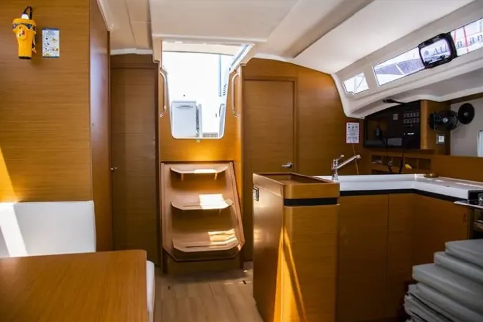 Galley of Evelina, a Jeanneau Sun Odyssey 410 sailboat at Lavrion, Greece