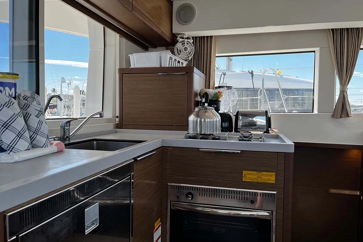 Galley of Indie Vortex , a Lagoon 40 catamaran at Central Abaco, Bahamas
