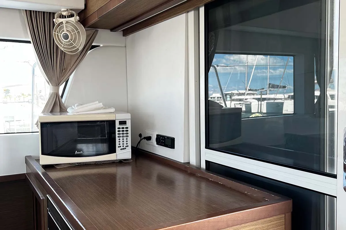 Galley of Indie Vortex , a Lagoon 40 catamaran at Central Abaco, Bahamas