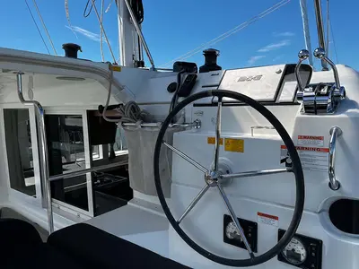 Cockpit of Indie Vortex , a Lagoon 40 catamaran at Central Abaco, Bahamas