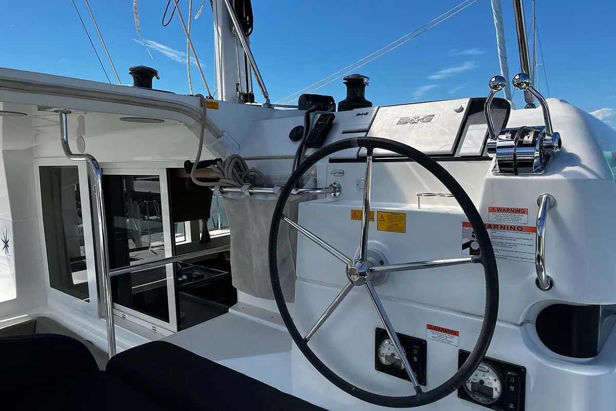 Cockpit of Indie Vortex , a Lagoon 40 catamaran at Central Abaco, Bahamas