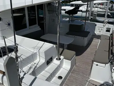 Deck of Indie Vortex , a Lagoon 40 catamaran at Central Abaco, Bahamas