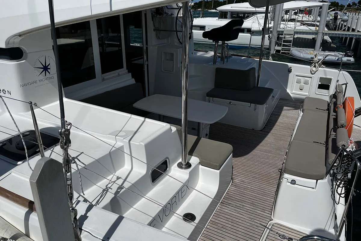 Deck of Indie Vortex , a Lagoon 40 catamaran at Central Abaco, Bahamas
