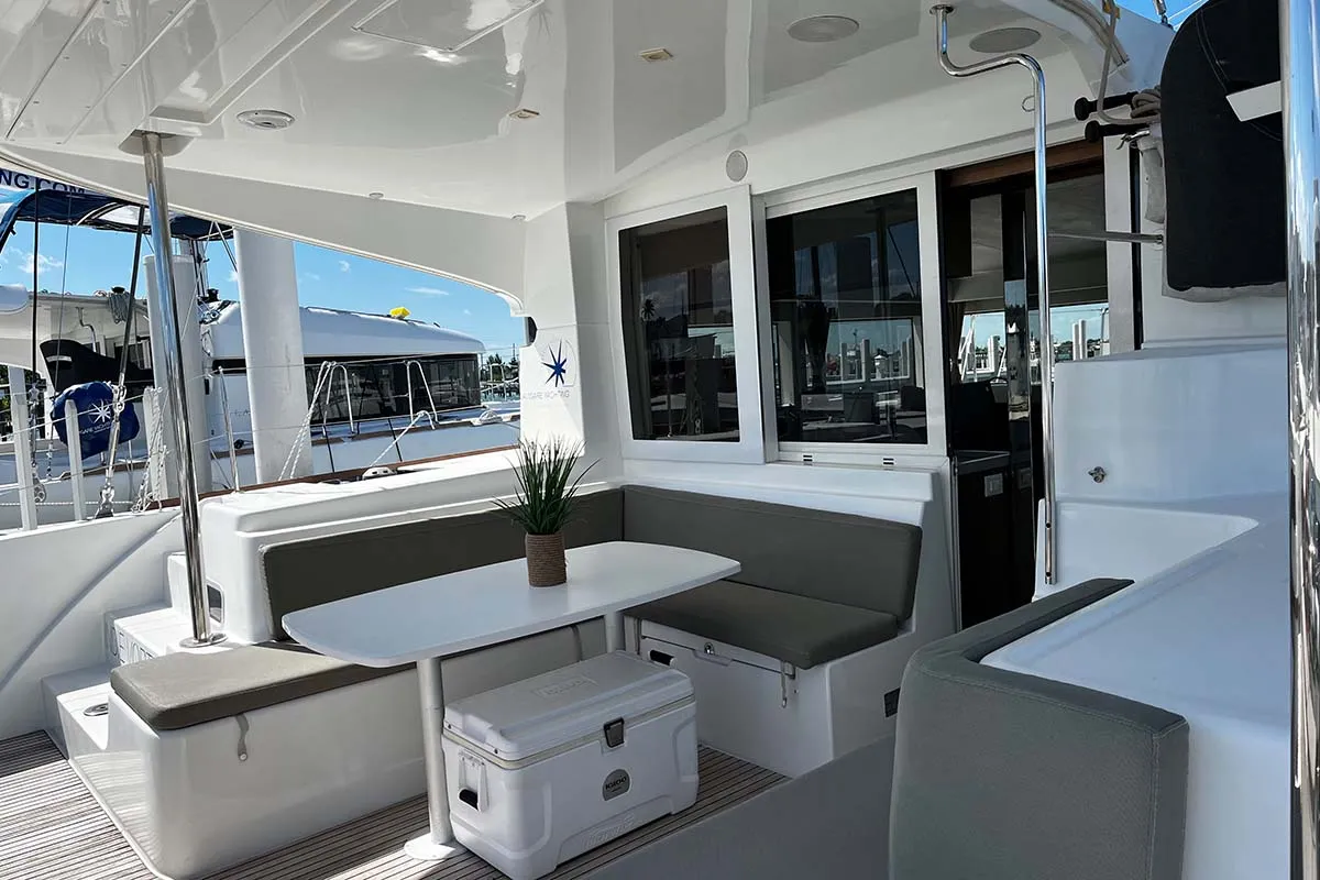 Deck of Indie Vortex , a Lagoon 40 catamaran at Central Abaco, Bahamas