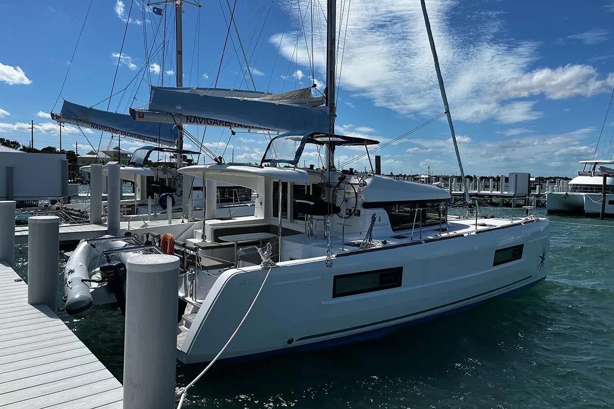 Exterior view of Indie Vortex , a Lagoon 40 catamaran at Central Abaco, Bahamas