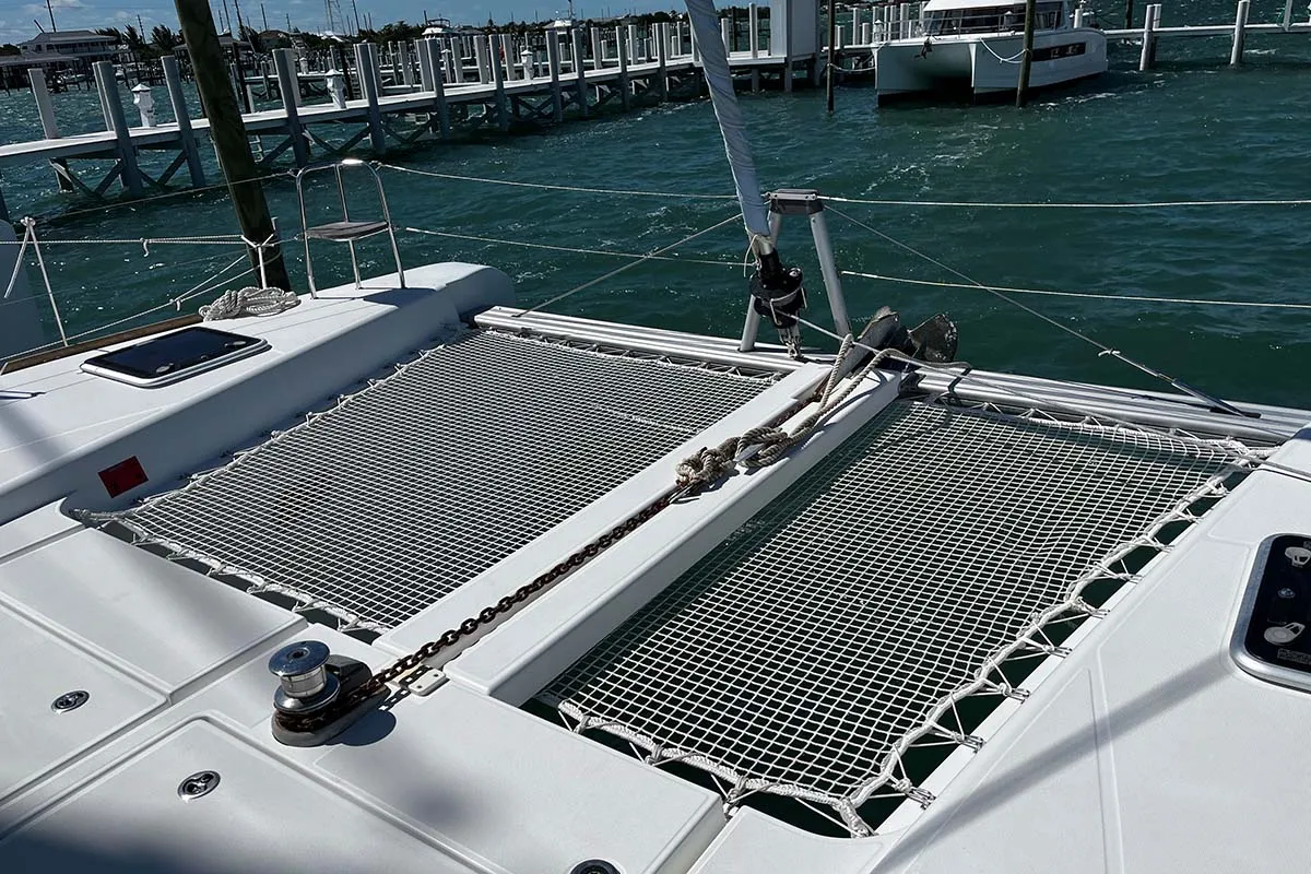 Deck of Indie Vortex , a Lagoon 40 catamaran at Central Abaco, Bahamas