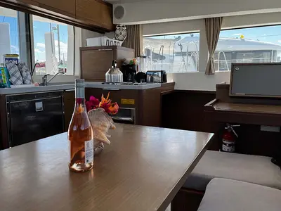 Salon of Indie Vortex , a Lagoon 40 catamaran at Central Abaco, Bahamas