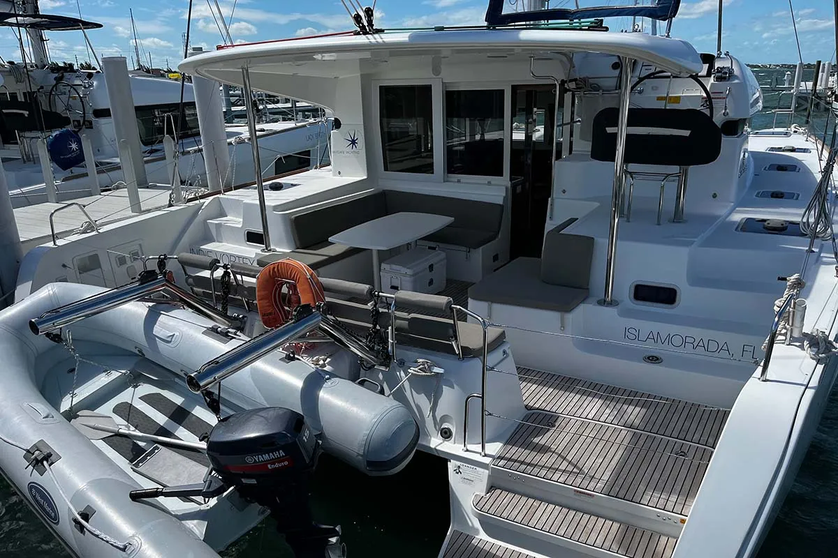 Deck of Indie Vortex , a Lagoon 40 catamaran at Central Abaco, Bahamas