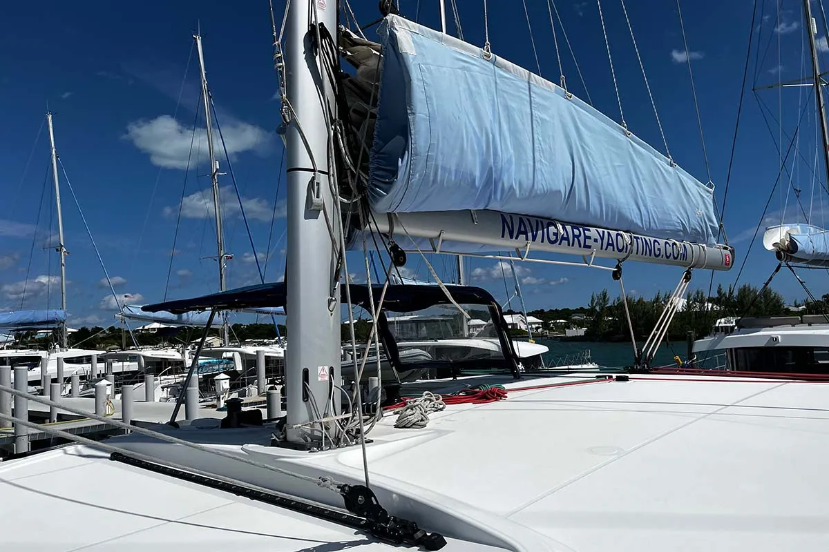 Exterior view of Indie Vortex , a Lagoon 40 catamaran at Central Abaco, Bahamas