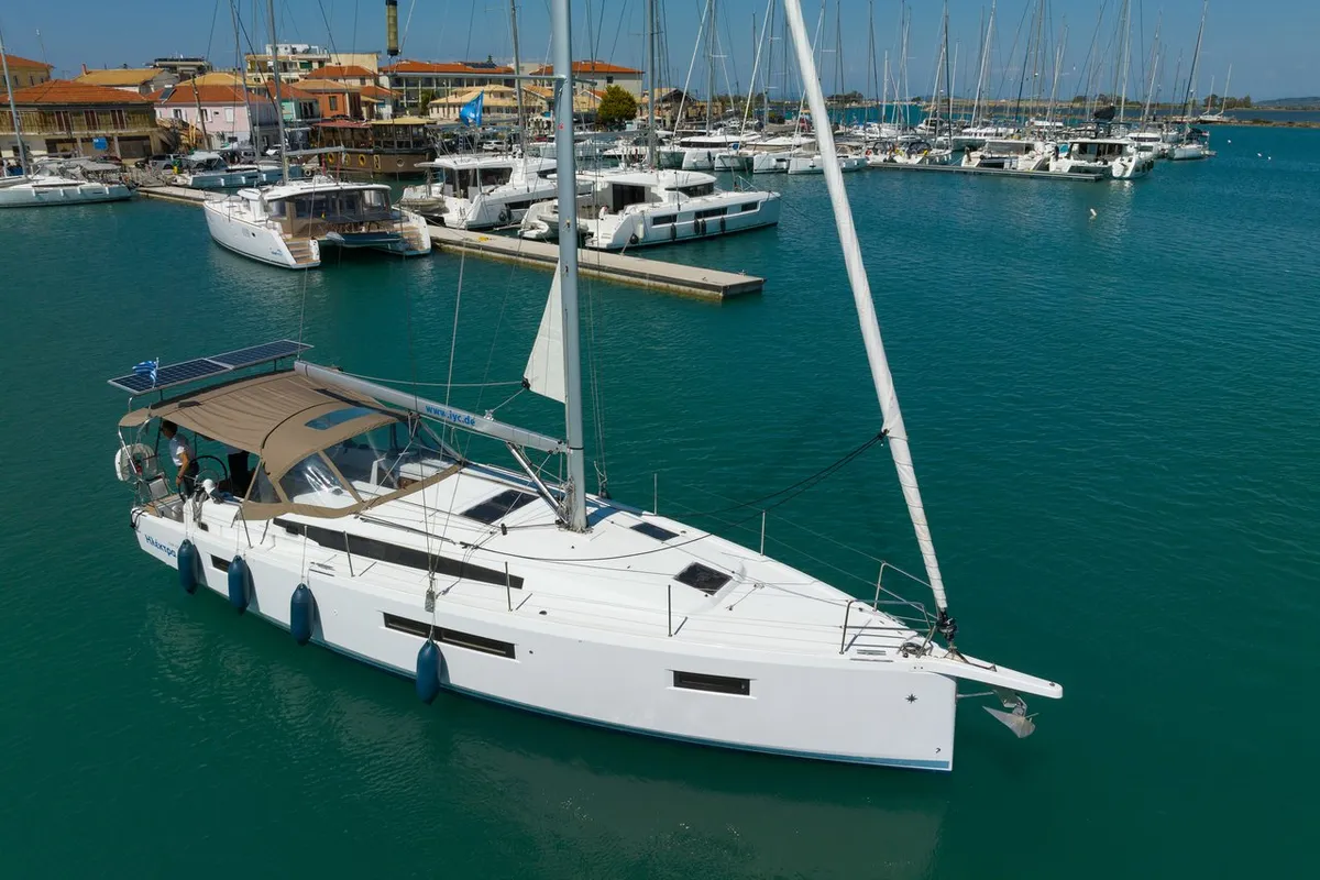 Exterior view of Elektra, a Jeanneau Sun Odyssey 410 sailboat at Municipal Unit of Lefkada, Greece