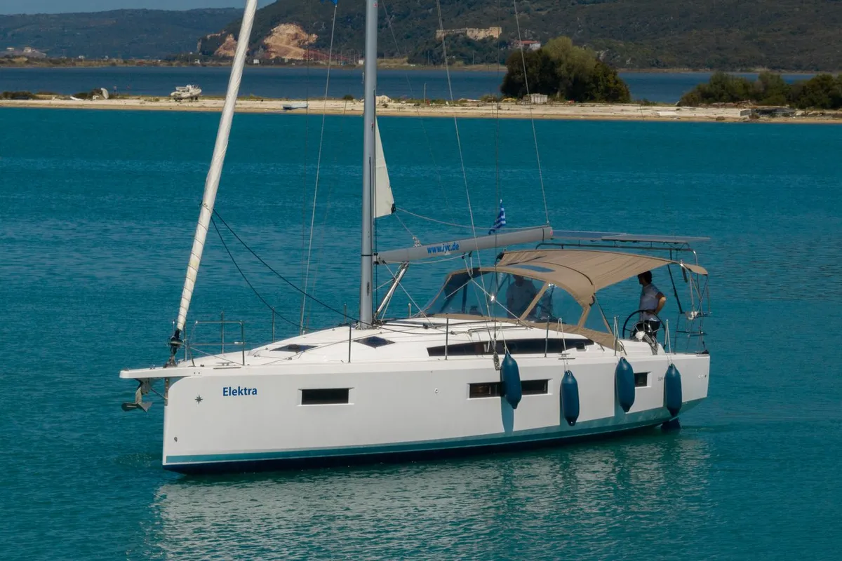 Exterior view of Elektra, a Jeanneau Sun Odyssey 410 sailboat at Municipal Unit of Lefkada, Greece