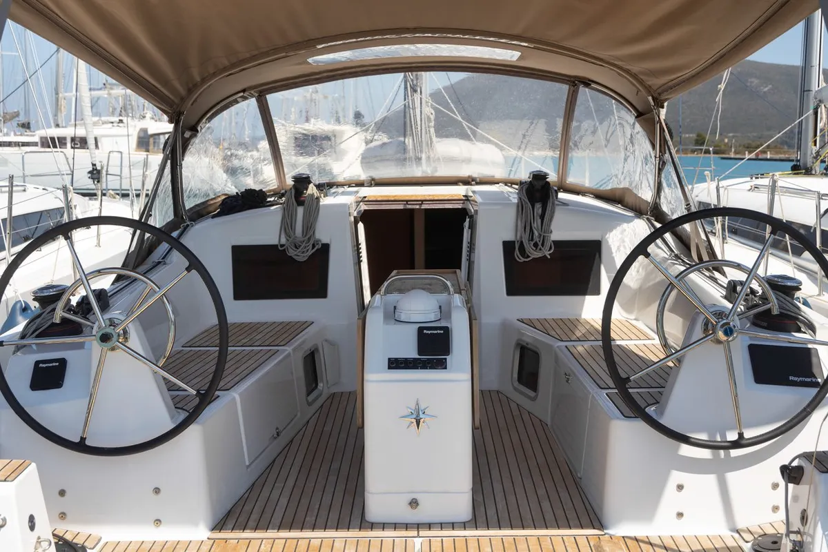 Cockpit of Elektra, a Jeanneau Sun Odyssey 410 sailboat at Municipal Unit of Lefkada, Greece