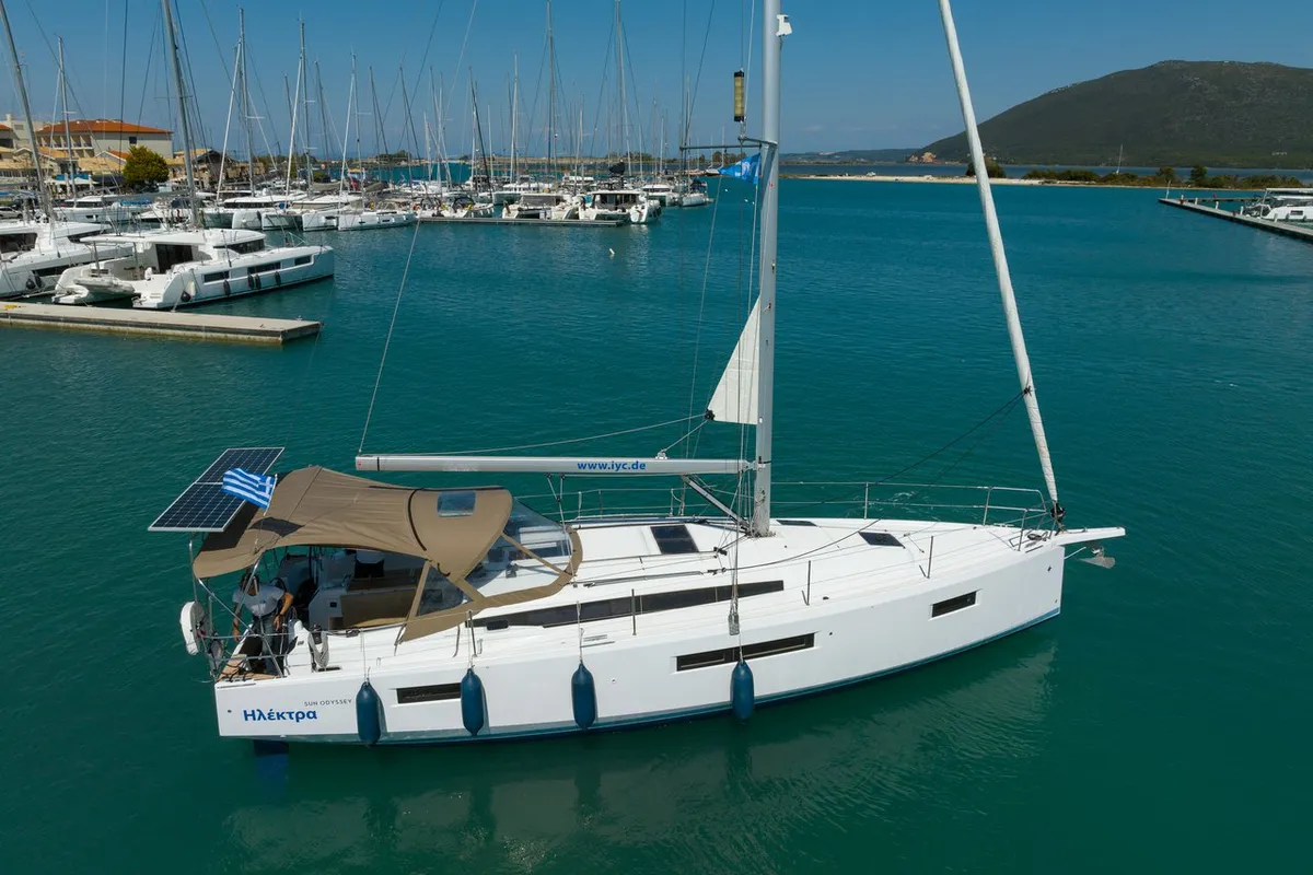 Exterior view of Elektra, a Jeanneau Sun Odyssey 410 sailboat at Municipal Unit of Lefkada, Greece