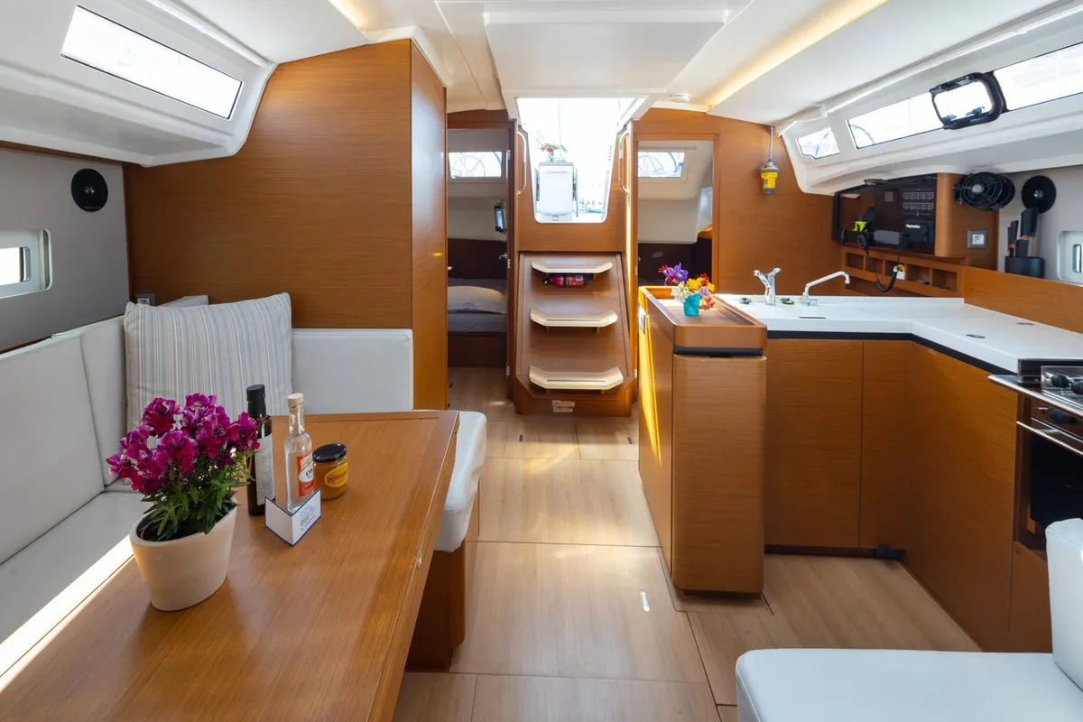Salon of Elektra, a Jeanneau Sun Odyssey 410 sailboat at Municipal Unit of Lefkada, Greece