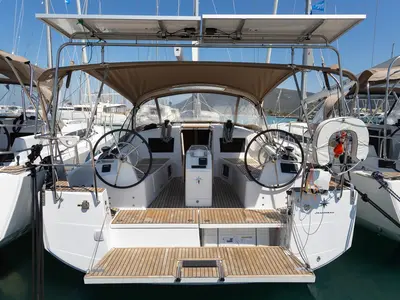 Cockpit of Elektra, a Jeanneau Sun Odyssey 410 sailboat at Municipal Unit of Lefkada, Greece
