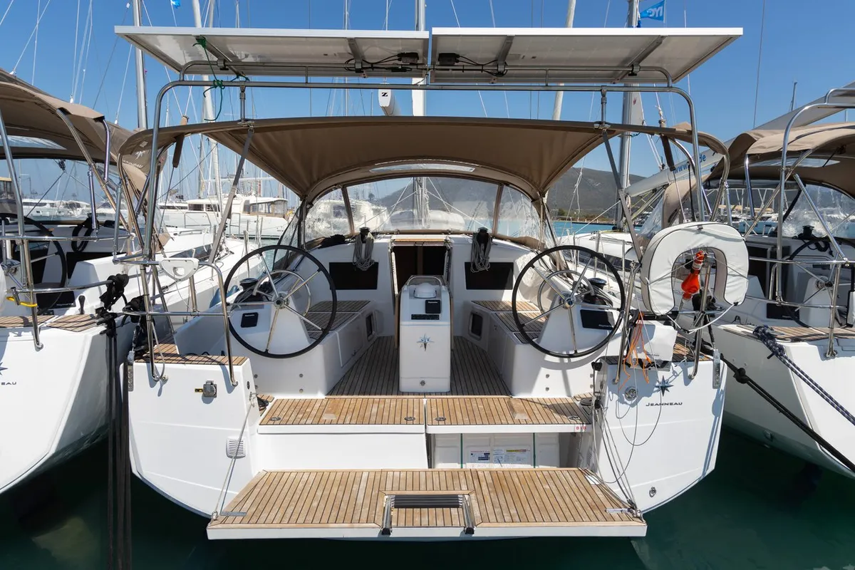 Cockpit of Elektra, a Jeanneau Sun Odyssey 410 sailboat at Municipal Unit of Lefkada, Greece