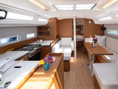 Salon of Elektra, a Jeanneau Sun Odyssey 410 sailboat at Municipal Unit of Lefkada, Greece