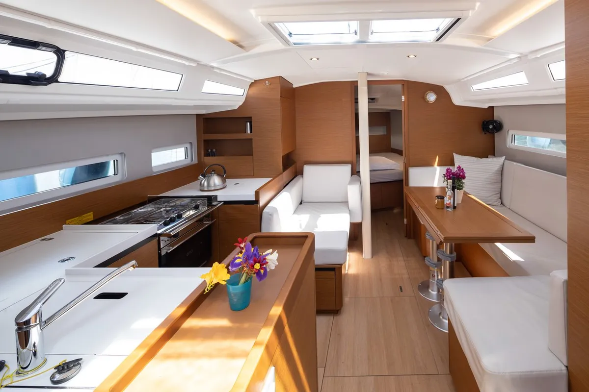 Salon of Elektra, a Jeanneau Sun Odyssey 410 sailboat at Municipal Unit of Lefkada, Greece