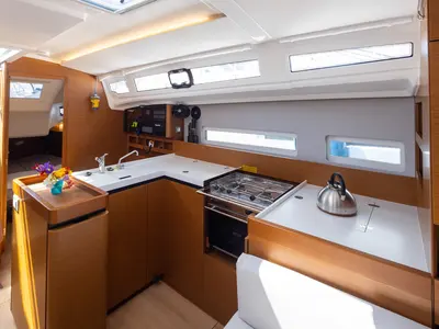 Galley of Elektra, a Jeanneau Sun Odyssey 410 sailboat at Municipal Unit of Lefkada, Greece