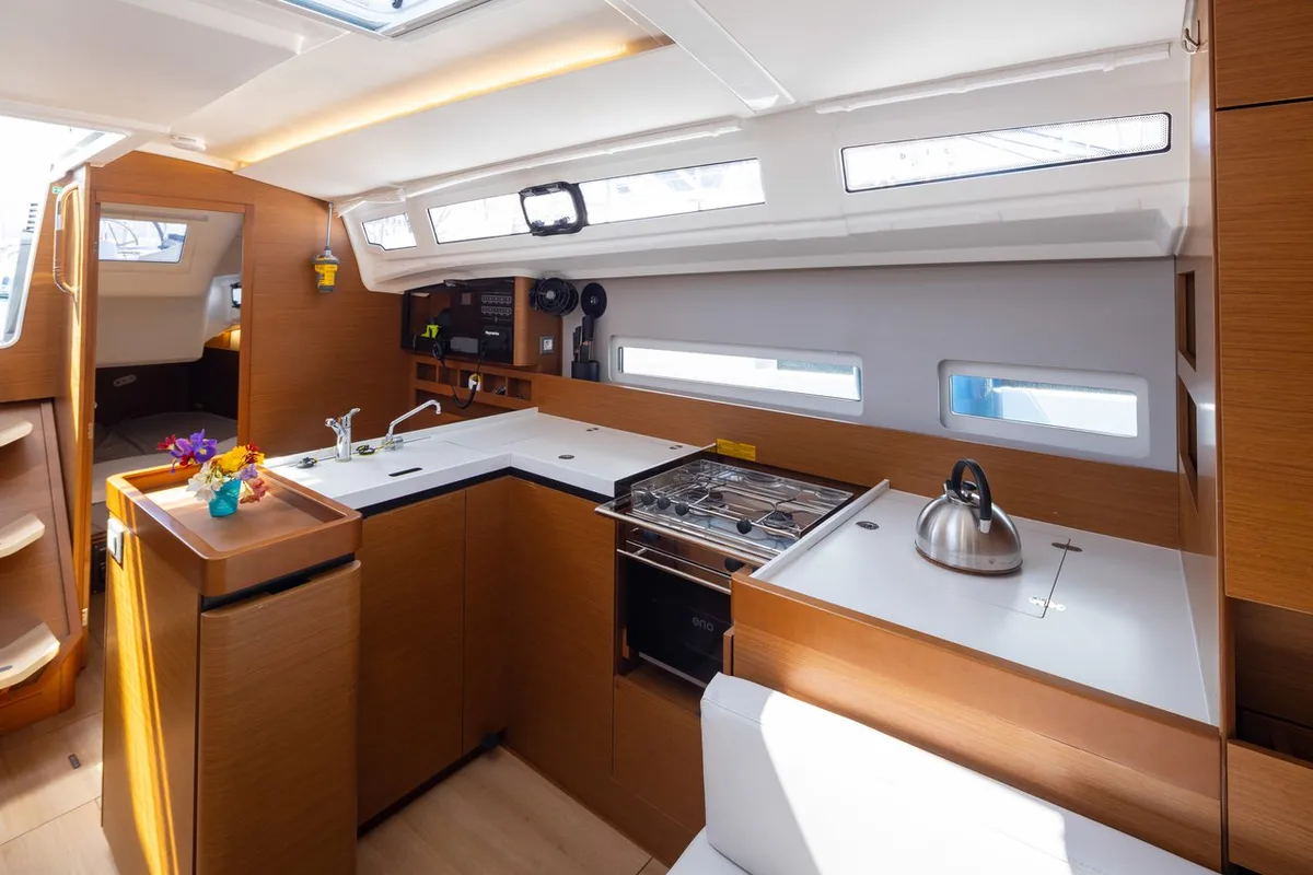 Galley of Elektra, a Jeanneau Sun Odyssey 410 sailboat at Municipal Unit of Lefkada, Greece