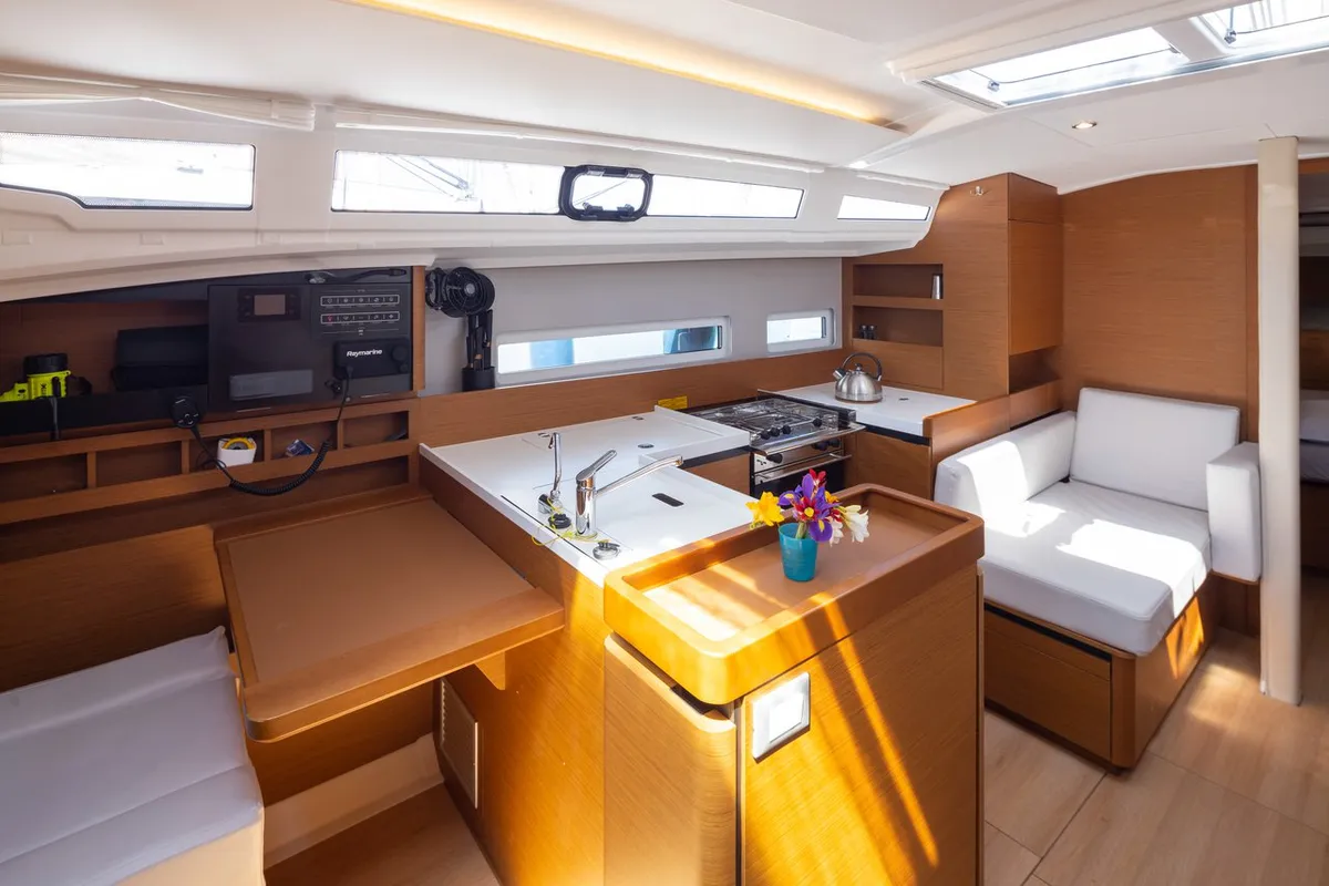 Salon of Elektra, a Jeanneau Sun Odyssey 410 sailboat at Municipal Unit of Lefkada, Greece