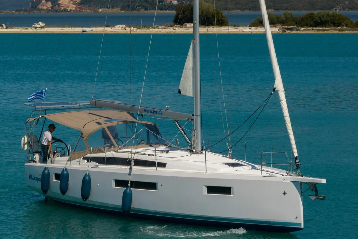 Exterior view of Elektra, a Jeanneau Sun Odyssey 410 sailboat at Municipal Unit of Lefkada, Greece