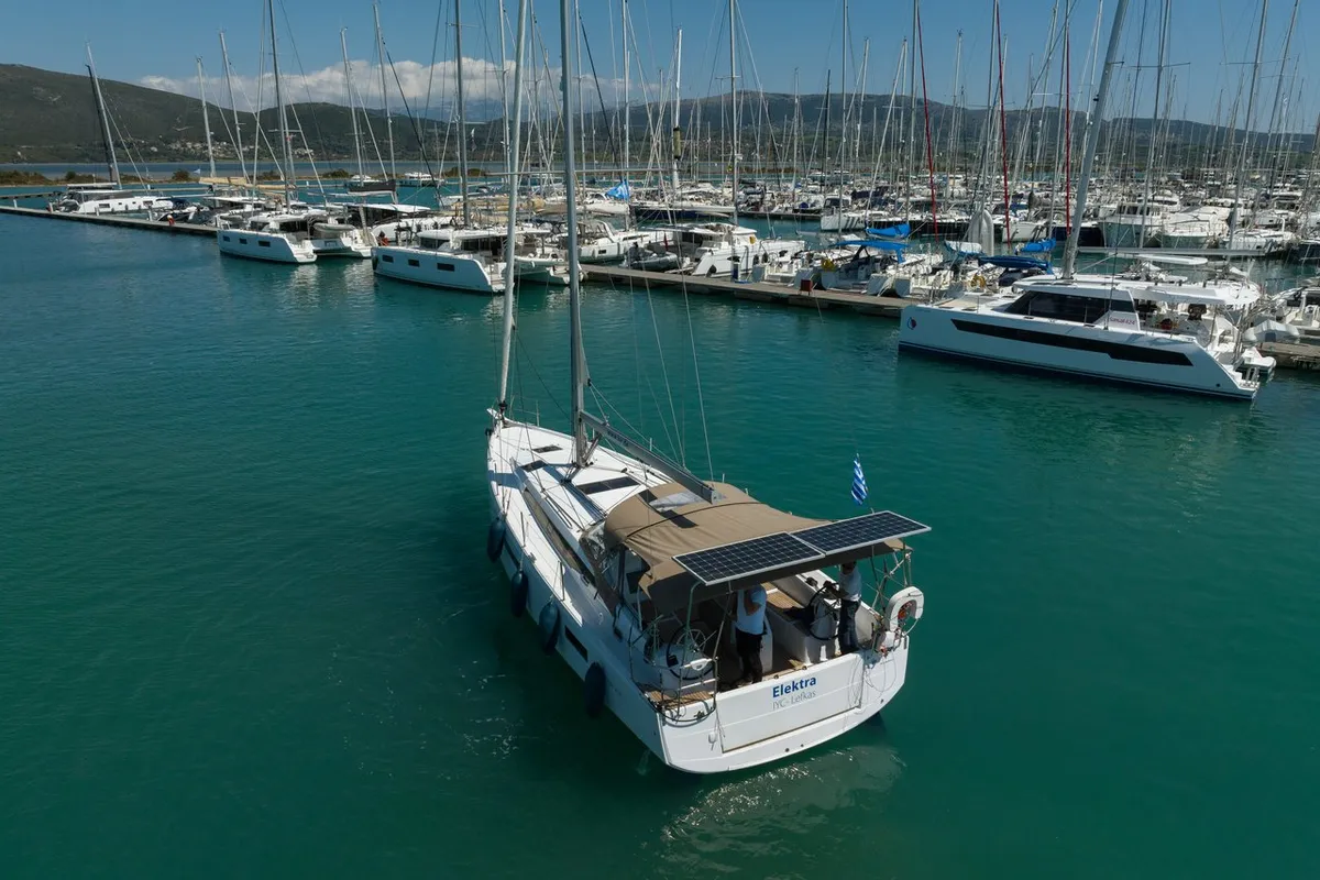 Exterior view of Elektra, a Jeanneau Sun Odyssey 410 sailboat at Municipal Unit of Lefkada, Greece