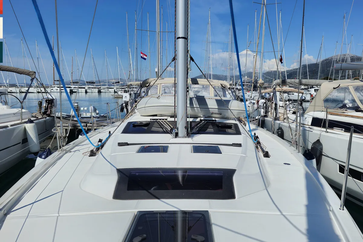 Deck of Dufour 430 GL, a sailboat at Kaštela, Croatia